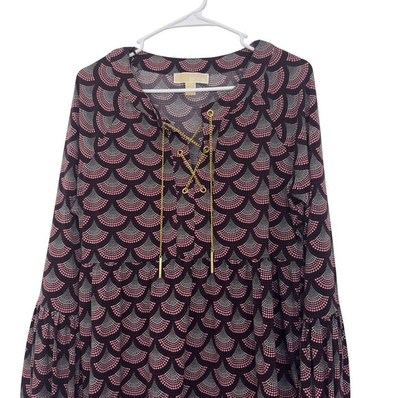 Michael Kors Womens Gold Chain Lace Up Collar Blouse SZ L Stretct Marron & Pink - Picture 2 of 11